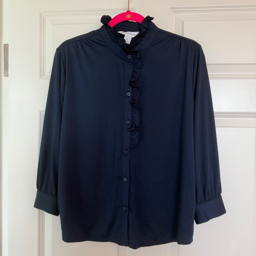 Liz Claiborne Blouse Womens PL Navy Blue Ruffle Neck Button Front Long Sleeve